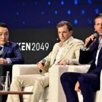 Eric Trump, World Liberty Financial co-founder Zach Witkoff, and Justin Sun, the founder of cryptocurrency TRON, participate in a session during the Token 2049 crypto conference in Dubai on Thursday. (Giuseppe Cacace /AFP via Getty Images)