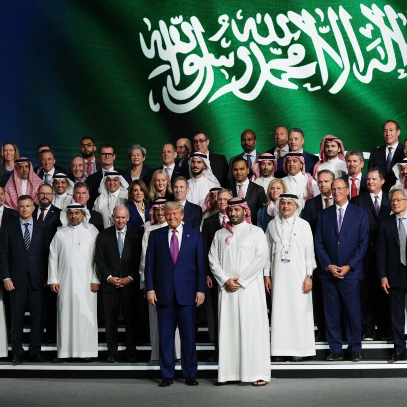 U.S. President Donald Trump and Saudi Crown Prince Mohammed bin Salman pose for a photo with business leaders including Nvidia CEO Jensen Huang and Alphabet chief investment officer Ruth Porat at the King Abdul Aziz International Conference Center while attending a Saudi-U.S. business investment forum in Riyadh on Tuesday. (Win McNamee/Getty Images)