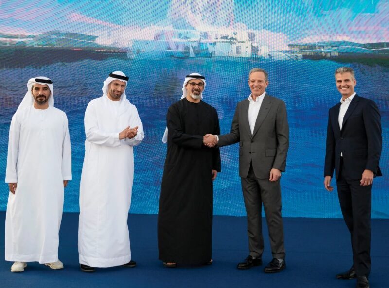 Disney CEO Bob Iger shakes hands with Abu Dhabi Crown Prince Sheikh Khaled bin Mohamed at the announcement of Disneyland Abu Dhabi. Accompanying them were Josh D’Amaro, chairman of Disney Experiences, Mohamed Abdalla Al Zaabi, group chief executive of Miral and Mohamed Khalifa Al Mubarak, chairman of the Department of Culture and Tourism. (Abu Dhabi Media Office)