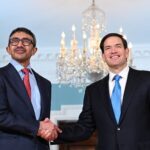 Sheikh Abdullah bin Zayed, UAE Deputy Prime Minister and Foreign Minister, shakes hands with U.S. Secretary of State Marco Rubio at the State Department in Washington on Tuesday. (Alex Wroblewski/AFP via Getty Images)