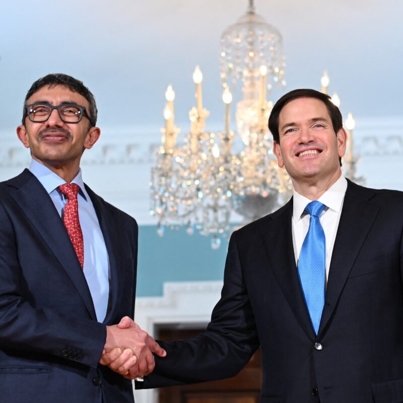 Sheikh Abdullah bin Zayed, UAE Deputy Prime Minister and Foreign Minister, shakes hands with U.S. Secretary of State Marco Rubio at the State Department in Washington on Tuesday. (Alex Wroblewski/AFP via Getty Images)