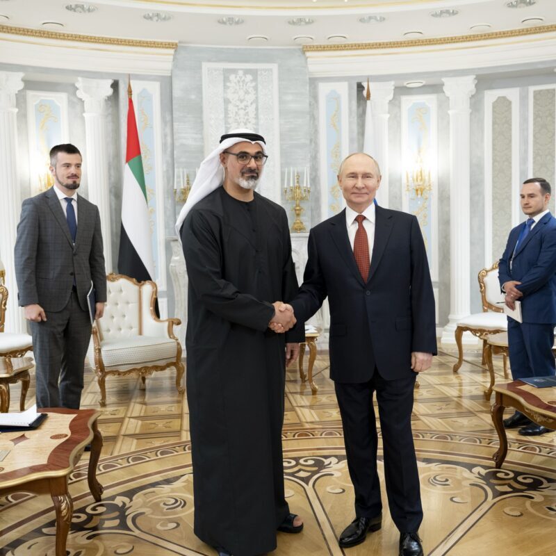 Abu Dhabi Crown Prince Sheikh Khaled bin Mohamed met Russian President Vladimir Putin on the sidelines of the Supreme Eurasian Economic Council meeting on Friday in Minsk, Belarus. (WAM)