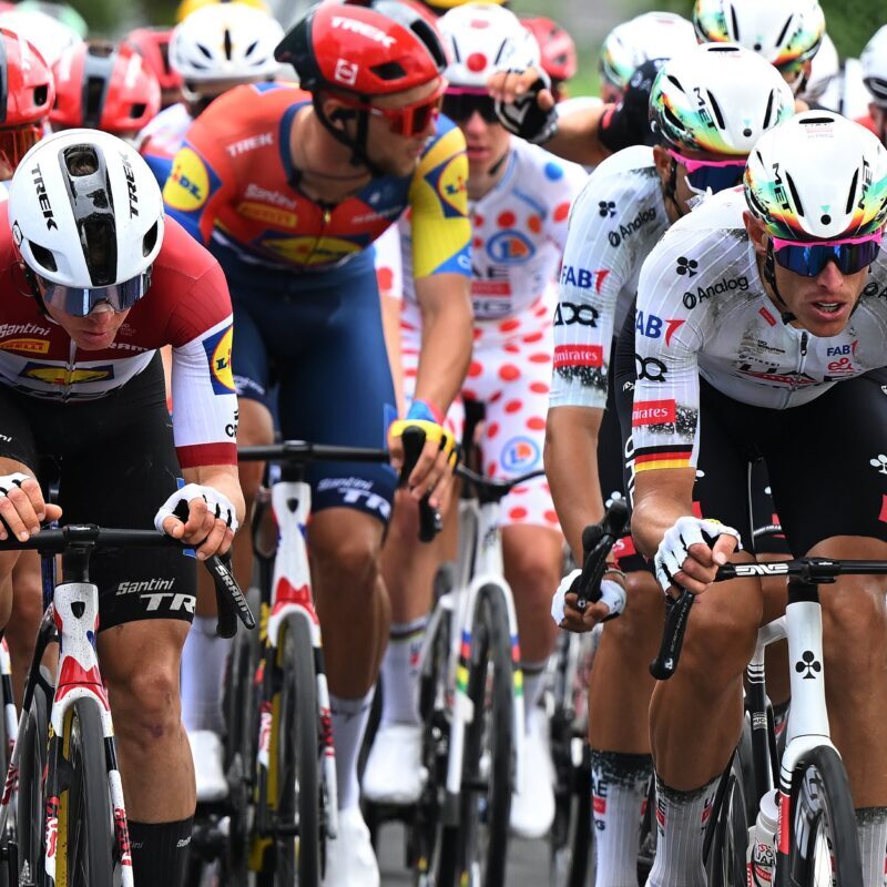 Riders from UAE Team Emirates-XRG, including German rider Nils Politt, are seen wearing the world’s first cycling helmet developed using generative AI, made by UAE AI powerhouse G42 and manufacturer MET, during the ongoing Tour de France. (Dario Belingheri/Getty Images)