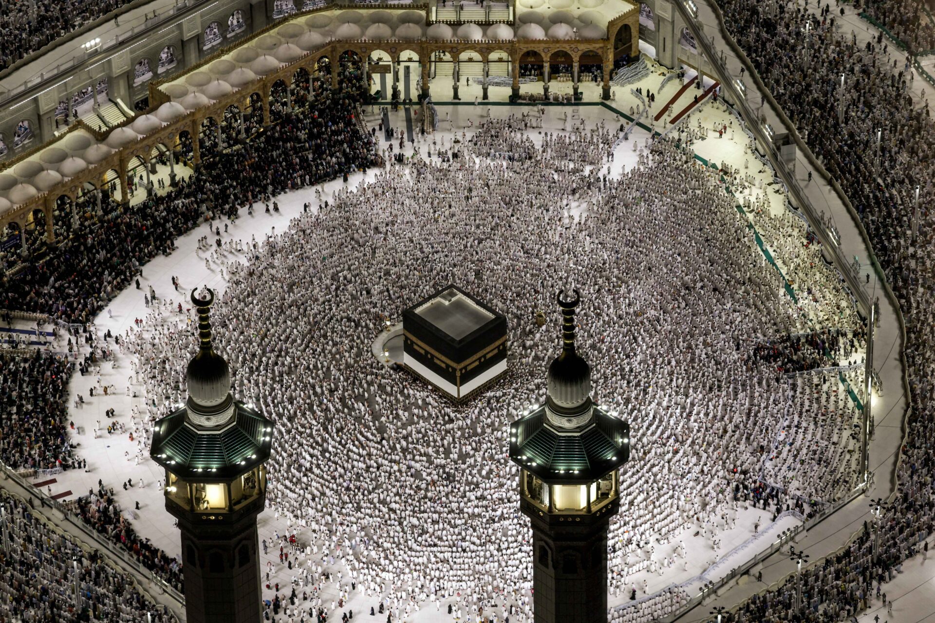 Muslim worshippers gather to pray around the Kaaba, Islam's holiest shrine, at the Grand Mosque complex in Mecca ahead of the annual Hajj pilgrimage, which starts tomorrow. (Hazem Bader/AFP via Getty Images)